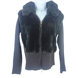 Vtg 90s y2k Capri Womens Black Faux Fur Ribbed Knit Zip Up Sweater Jacket ~XS/S?